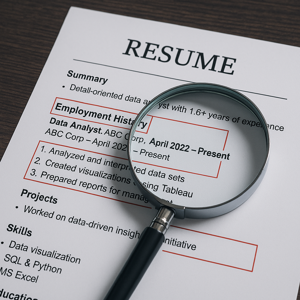 Resume with magnifying glass highlighting key sections